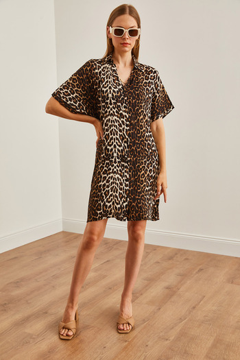 Olalook Leopard Print Black Viscose Mini Shirt Dress - ELB-19002223