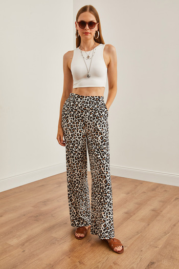 Olalook Leopard Patterned Ecru Palazzo Trousers - Pockets and Elastic Back PNT-19000286