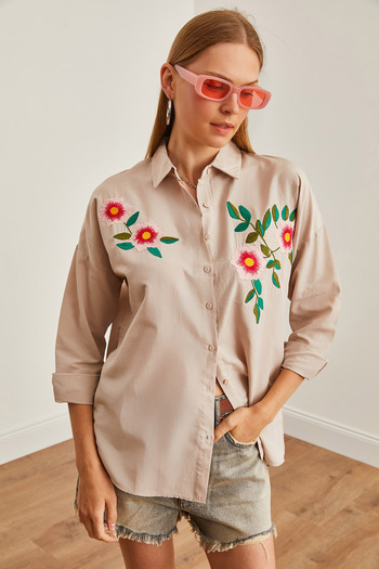 Olalook Übergroßes Damenhemd mit Azalea-Steinstickerei - GML-19001228