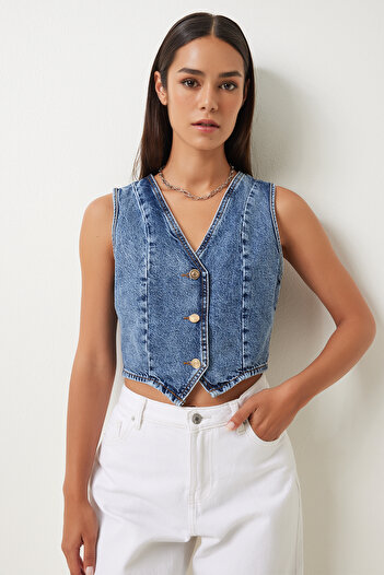 Happiness İstanbul Dark Blue V-Neck Crop Denim Women's Vest - DP00204