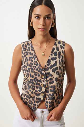 Happiness İstanbul V-Neck Leopard Patterned Black Beige Women's Vest - LV00001