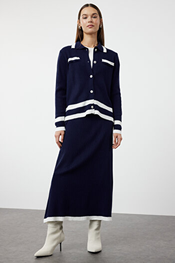Trendyol Modest Navy Blue Blocked Knitwear Cardigan and Skirt Set - TCTAW25US00008