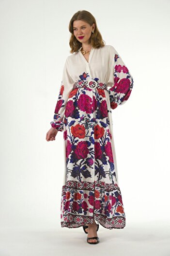ABBRA Women's High Collar Belted 100% Viscose Summer Dress