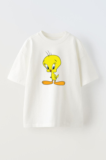 THEWERT Λευκό Tweety Printed Unisex Oversize βαμβακερό μπλουζάκι