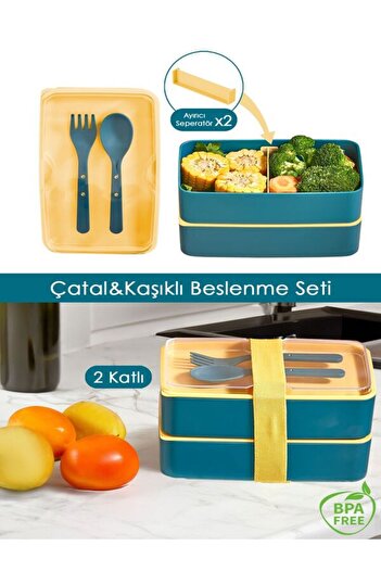 VANCKEY 2 Layer Adjustable Rectangular Lunch Box and Fork Spoon Food Storage Box