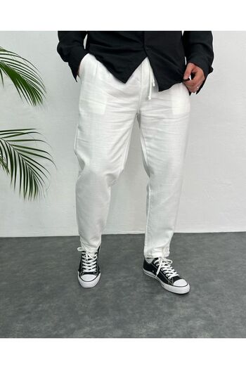 Oliggopol Men's White Boyfriend Linen Trousers Relaxed Cut Double Leg Jogger