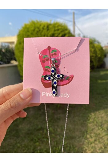 Pinky Lady Nazar boncuklu gümüş kaplama haç kolye