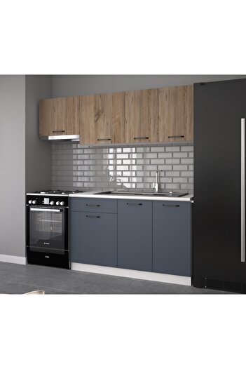 visasconcept 200 Cm Damla Hazır Mutfak Dolabı Aspiratör Modüllü Antrasit Ve Atlantik Çam (TEZGAH DAHİL)