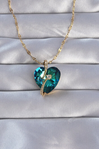 Moka Shopin Blue Heart Design Necklace with Gold Zircon Stone - 316L Steel Chain