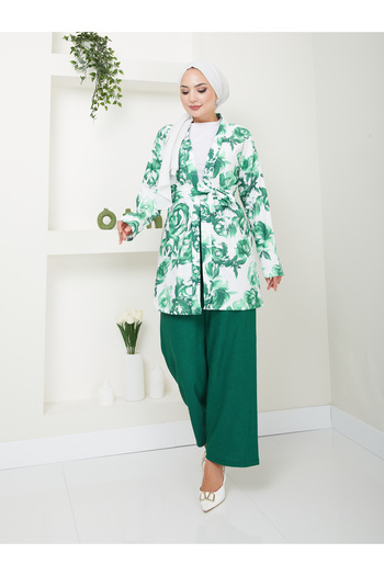 VOLT CLOTHİNG Floral Patterned Women's Kimono Set - Without Closure and Belted