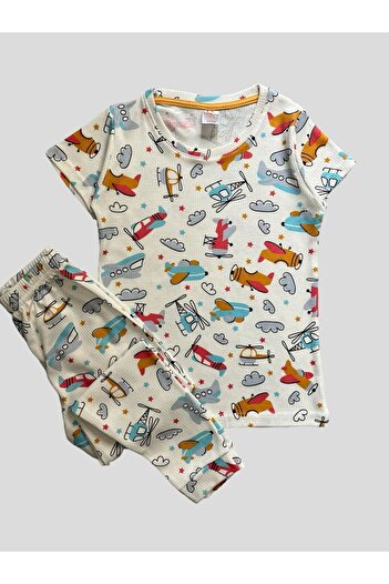 elmas kids Boy's Cotton Helicopter Airplane Patterned Ribbed Short Sleeve Summer Pajamas Set