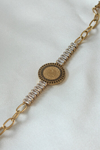 Moka Shopin Gold Colored 316L Steel - Zircon Stone Detailed Full Gold Women's Bracelet