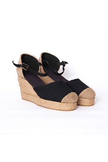 Star Tombis Black Linen Straw Espadrille - Real Handmade Platform Toe Wedge Heel Handmade