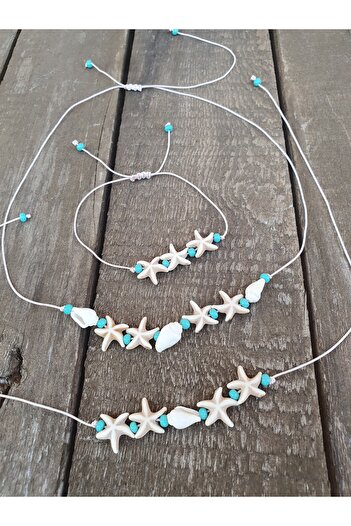 özde dekor 4-Piece Gorgeous Jewelry Set - Sea Shell, Star and Mint Beads (NECKLACE, BRACELET, ANKLE, EARRING)