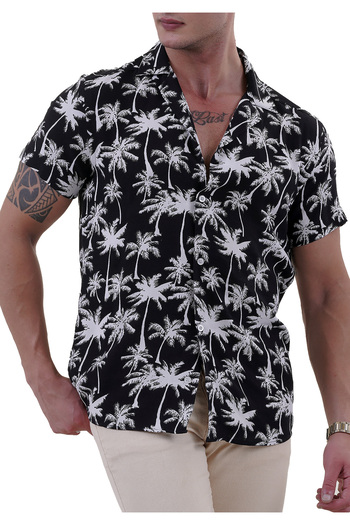 Exve Exclusive White on Black Hawaiian Palm Digital Print Oversize Relaxed Fit Short Sleeve Loose Shirt