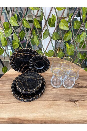 GÜRCÜGLASS Tea Enjoyment Black Marble 18 Piece Set