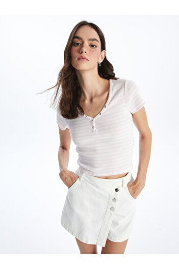 LC Waikiki V-Neck Striped Short Sleeve Women's Crop