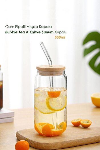 safestore 550ml Bubble Tea and Borosilicate Coffee Glass - Heat Sensitive, with Straw and Wooden Lid
