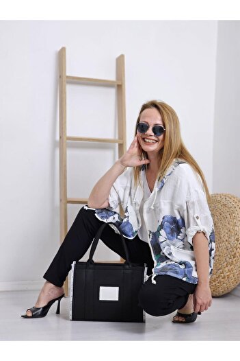 Felix Butik FELIX11942 - White Floral Print Linen Jacket with Hood and Zipper