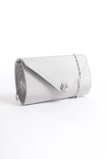 Moda Değirmeni Stoned Silver Satin Women's Evening Dress Portfolio Bag - BG1178-310-0005