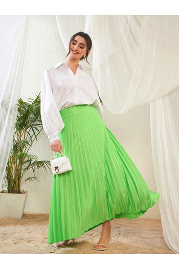 Sassafras By Styli Pleated A-Line Satin Maxi Skirt