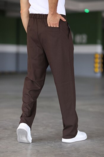 Bürke Baggy Çift Pileli KAHVERENGİ Renk Beli Lastikli Kaliteli Rahat Kesim Klasik Bol Paça Baggy Pantolon