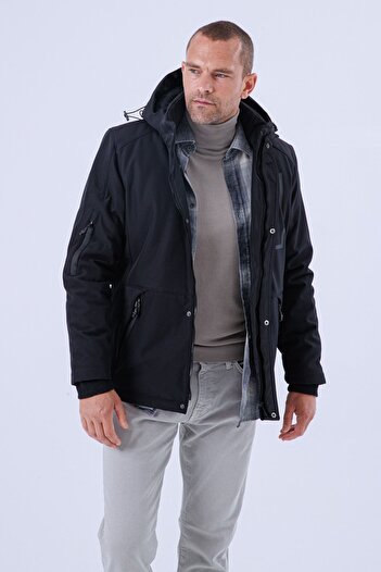 Gavazzi Erkek Kapüşonlu Su Ve Rüzgar Geçirmez Kapitone Içi Kürklü Elyaf Dolgulu Şişme Siyah Softshell Mont