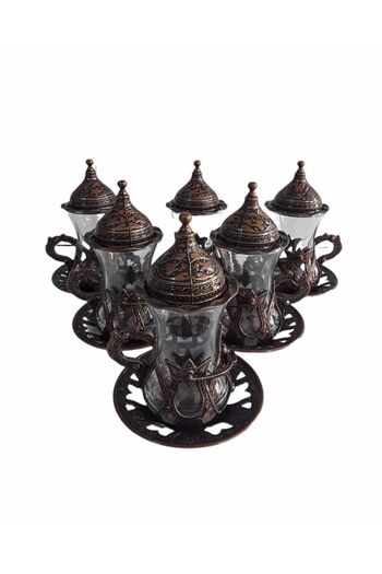 kapadokyahediyelik Ottoman Motif 6-Person 30-Piece Tea Cup Set Copper Color