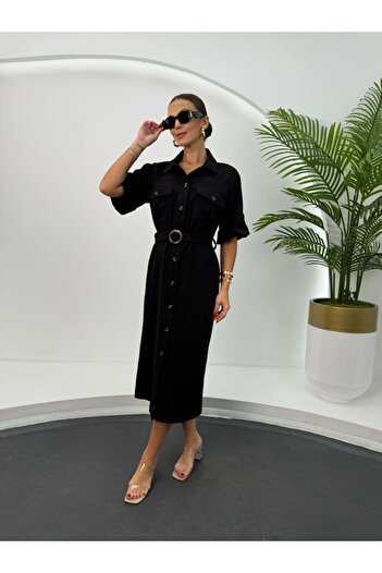 Elif Özbey Butik Φόρεμα Gabardine - Μαύρο, με κουμπιά και ζώνη στον λαιμό