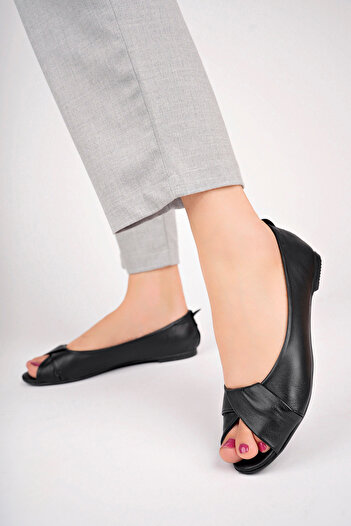 Deripabuc Genuine Leather Black Women's Leather Ballerinas Dp58-6069