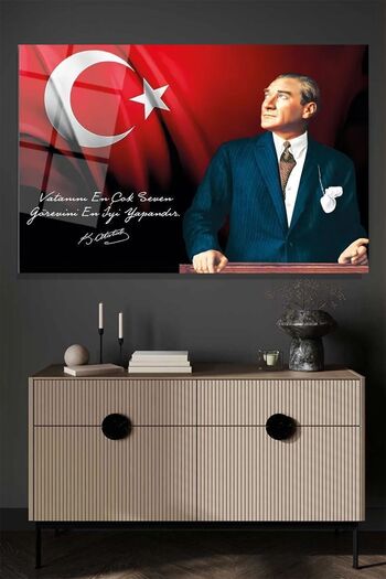 TAULART Atatürk ve Türk Bayrağı Vatanını En Çok Seven Görevini En İyi Yapandır Yüksek Çözünürlüklü Cam Tablo