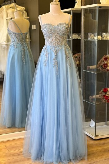 Lenta Moda Buz Mavi Simli Dantel Kaplama Maxi Boy Abiye Ve Nişan Elbisesi
