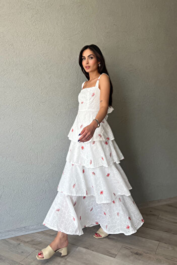 Seda Yalçın Atelier Rochie de podea verde roșie florală cu detaliu de legare la spate