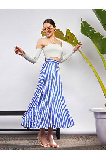 Sassafras By Styli Striped Pleated A-Line Satin Skirt