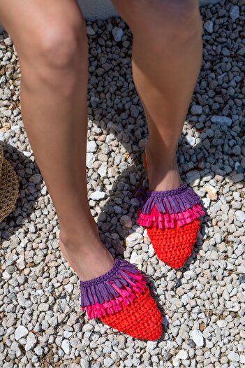 NİŞANTAŞI SHOES Viana Turuncu Örgü Mor Fuşya Püskül Detaylı Kadın Terlik