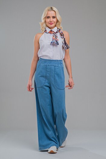 Bold & Young Women's Indigo Color Pocketed Wide Leg Elastic Waist Thin Jeans