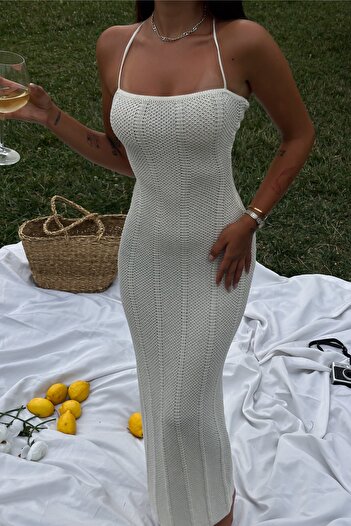 FEMELLE Women's Cream Rope Strap Backless Knitwear Dress - Standard Size