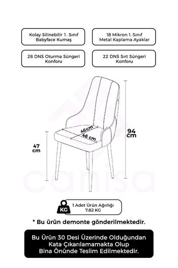 Canisa Newa Serisi 1 Adet Gri Sandalye 1.sınıf Babyface Kumaş Gümüş Kaplama Metal Ayaklı