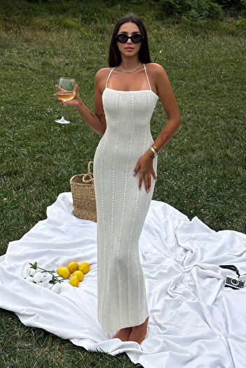 FEMELLE Women's Cream Rope Strap Backless Knitwear Dress - Standard Size