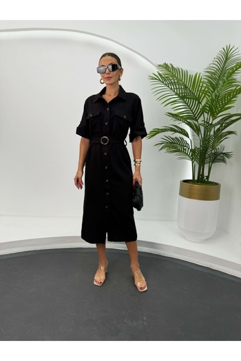 Elif Özbey Butik Φόρεμα Gabardine - Μαύρο, με κουμπιά και ζώνη στον λαιμό