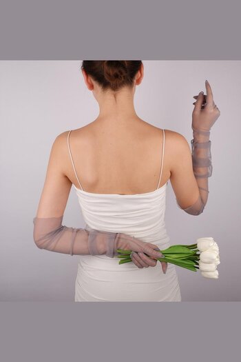 Hayalperest boncuk Gri Uzun Şık Gelin Eldiveni Tül Eldiven Nikah/düğün Eldiveni