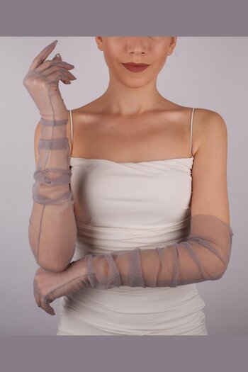 Hayalperest boncuk Gri Uzun Şık Gelin Eldiveni Tül Eldiven Nikah/düğün Eldiveni
