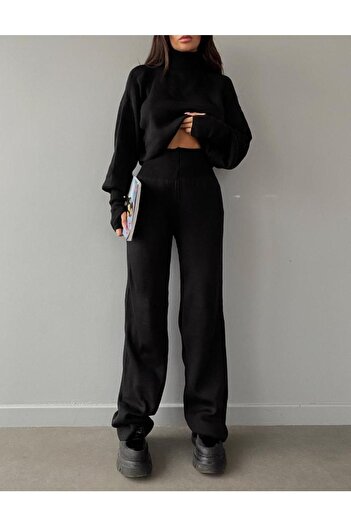 munora butik Women's Turtleneck Top and Bottom Finger Sartre Set