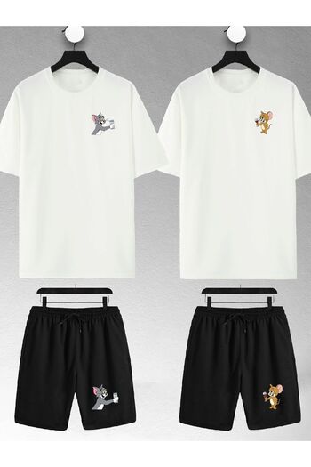 MATK MODASI Unisex Tom And Jerry Printed Oversize T-Shirt and Shorts - Couple Combination, Lover 4-Piece Set