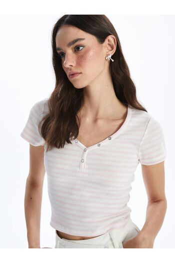 LC Waikiki V-Neck Striped Short Sleeve Women's Crop