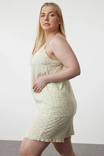 Trendyol Curve V-Neck Ecru Polka Dot Patterned Pajama Set - TBBSS24AI00071