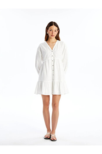 LC Waikiki Lcw Vision V Neck Embroidery Long Sleeve Women's Shirt Dress