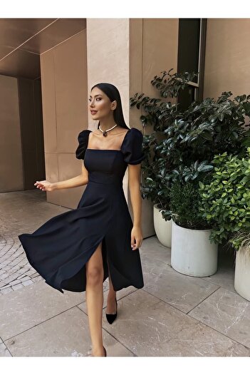 elbisenvarmı Rochie midi cu decolteu pătrat cu fante