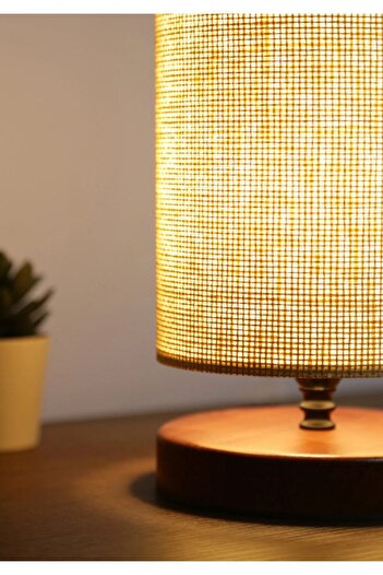 HOMİNG Exclusive Rattan Örgü Hasır Kumaş Tasarım Abajur Ahşap Taban Ayd-3113