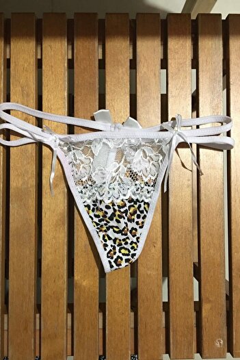 Nana & Mayka Moda Leopard Patterned Stone Bow Double Elastic String Thong White Fancy Panties Xs-S-M Standard